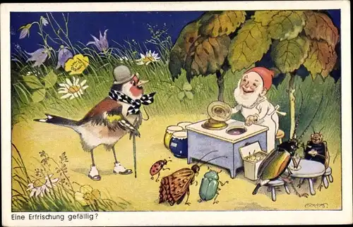 Künstler Ak Baumgarten, Fritz, Eine Erfrischung gefällig, Zwerg, Vogel, Käfer