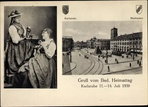 Ak Karlsruhe in Baden, Marktplatz, Badener Heimattag 1930, Welttreffen der Badener, Frauen in Tracht