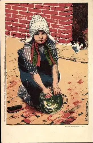 Künstler Ak Kallmorgen, Friedrich, Von der Wasserkant, Mädchen in Tracht, Katze