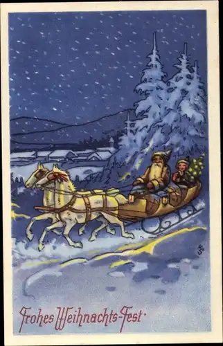 Ak Frohe Weihnachten, Weihnachtsmann in Pferdeschlitten