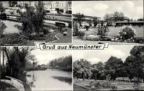 Ak Neumünster in Holstein, China Brücke, Textilfachschule, Teich, Renkspark