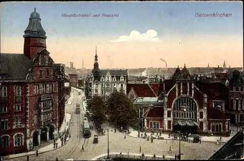 Ak Gelsenkirchen im Ruhrgebiet, Hauptbahnhof, Straßenseite, Hauptpost