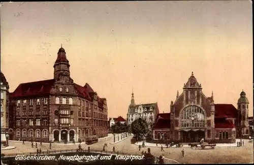 Ak Gelsenkirchen im Ruhrgebiet, Hauptbahnhof, Straßenseite, Hauptpost