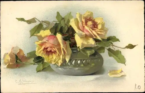 Künstler Ak Klein, Catharina, Gelbe Rosen in einer Vase