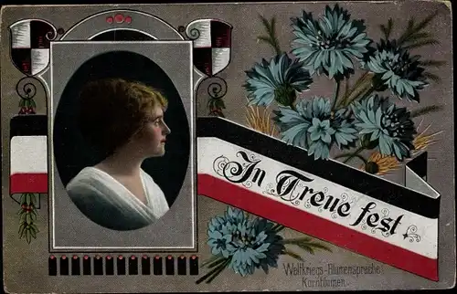 In Treue fest, Weltkriegs Blumensprache, Kornblumen, Frauenportrait
