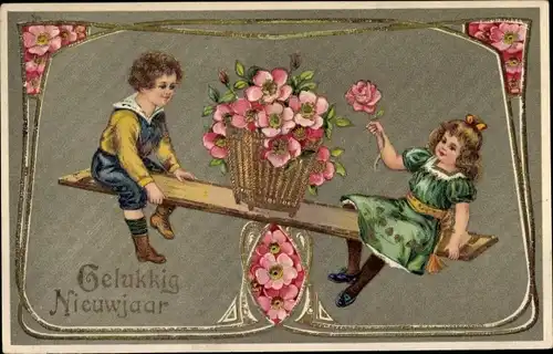 Präge Litho Glückwunsch Neujahr, Kinder auf einer Wippe, Heckenrosen