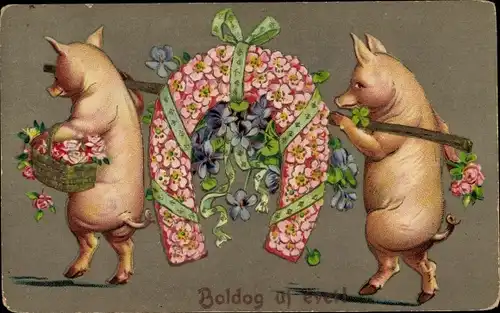Präge Ak Schweine, Hufeisen aus Blüten, Veilchen