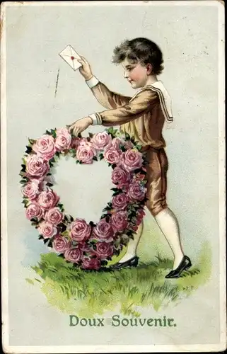 Präge Litho Doux Souvenir, Junge mit Rosenherz