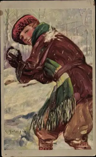 Künstler Ak Snowballing, Frau bei einer Schneeballschlacht