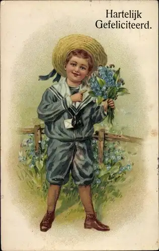 Ak Glückwunsch Geburtstag, Junge mit Blumenstrauß, Vergissmeinnicht, Matrosenuniform