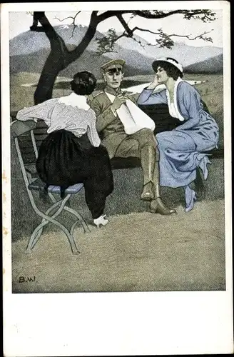 Künstler Ak Wennerberg, B., Daheim, zwei Frauen und ein Mann, Soldat