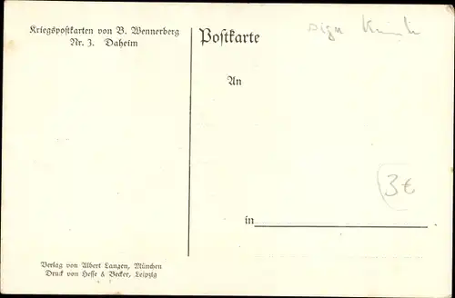 Künstler Ak Wennerberg, B., Daheim, zwei Frauen und ein Mann, Soldat