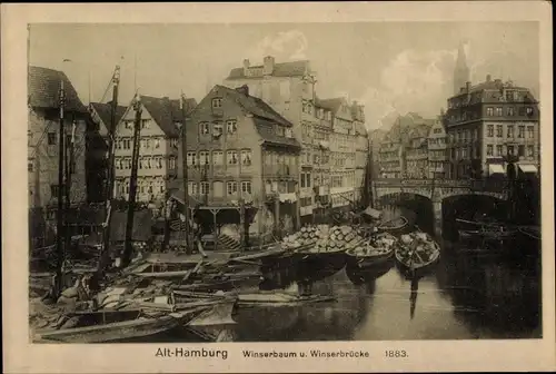 Ak Hamburg Mitte Altstadt, Winserbaum und Winserbrücke, Wasserpartie, Frachtkähne