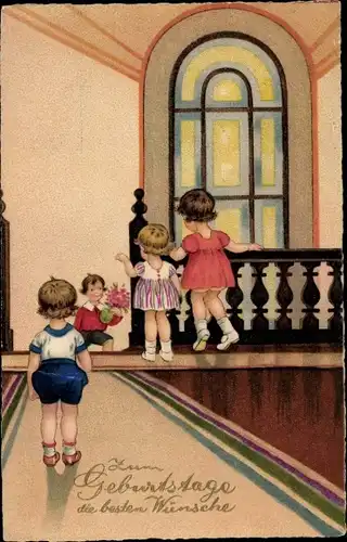 Ak Glückwunsch Geburtstag, Kinder an der Treppe, Besuch mit Blumenstrauß