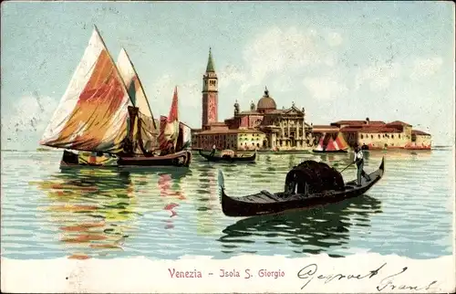 Litho Venezia Venedig Veneto, Isola S. Giorgio, Gondel, Segelboot