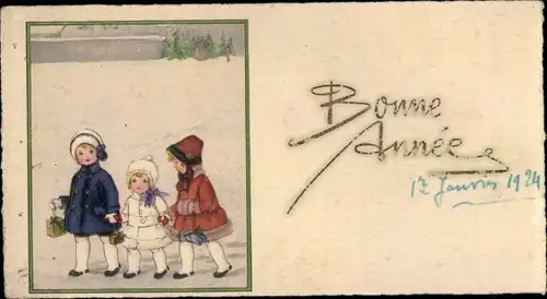 Ak Glückwunsch Neujahr, Drei Mädchen mit Geschenken im Schnee