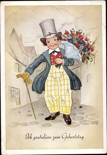 Künstler Ak Lindeberg, Glückwunsch Geburtstag, Mann mit Blumenstrauß