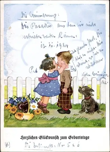 Künstler Ak Lindeberg, Glückwunsch Geburtstag, Kinder, Kuss, Blumen, Hund