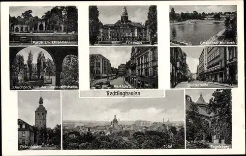 Ak Recklinghausen im Ruhrgebiet, Strandbad, Rathaus, Breitestraße, Petruskirche, Engelsburg, Totale