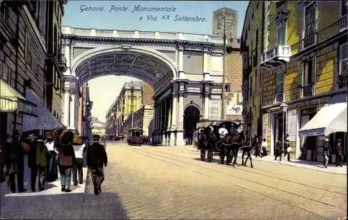 Ak Genova Genua Ligurien, Ponte Monumentale e Via XX Settembre, Straßenbahn, Kutsche