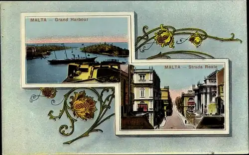 Passepartout Ak Malta, Grand Harbour, Strada Reale, Hafen, Straßenpartie