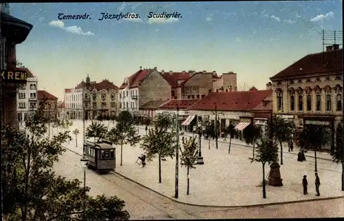 Ak Temesvar Rumänien, Marktplatz mit Straßenbahn, Geschäfte