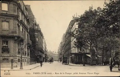 Ak Paris XVI. Arrondissement Passy, Rue de la Pompe, prise Avenue Victor Hugo