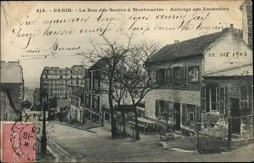 Ak Paris XVIII. Arrondissement Buttes-Montmartre, La Rue des Saules, Auberge des Assassins