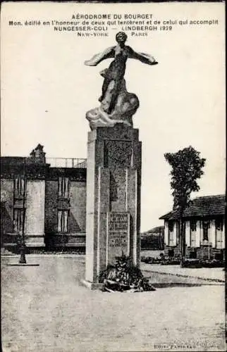 Ak Le Bourget Seine Saint Denis, Aerodrome du Bourget, Monument, Nungesser-Coli, Lindbergh 1929