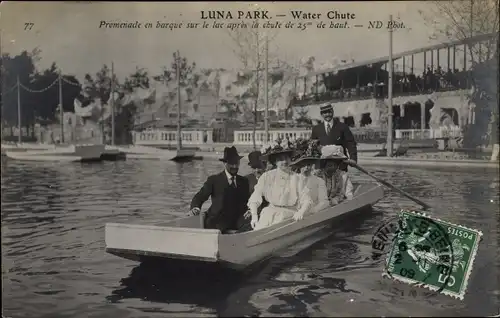 Ak Paris Passy, Luna Park, Water Chute, Promenade en barque sur le Lac