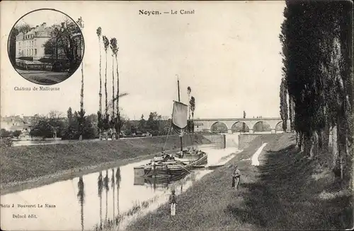 Ak Noyen Sarthe, Chateau de Malicorne, Flusspartie, Brücke, Lastkahn