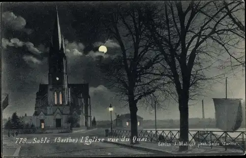 Mondschein Ak Sablé sur Sarthe, L'Eglise vue du Quai