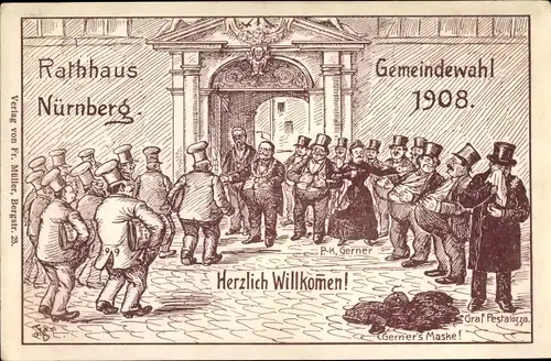 Künstler Ak Nürnberg in Mittelfranken Bayern, Gemeindewahl 1908, Gerner, Pestalozza