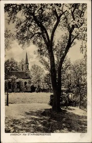 Ak Ambach am Starnberger See Münsing Oberbayern, Ortspartie mit Kirche, Baumblüte