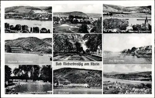 Ak Niederbreisig Bad Breisig am Rhein, Rheinufer, Thermalschwimmbad, Kurgarten, Kurhaus, Rheinhotel
