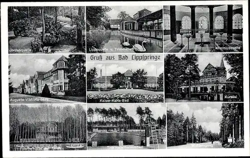 Ak Bad Lippspringe in Westfalen, Lippequelle, Kurbad, Kursaal, Trinkhalle, Jordanquelle, Waldpartie