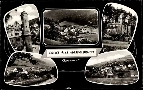 Ak Mespelbrunn im Spessart Unterfranken, Kirche, Wasserburg, Ortsansichten