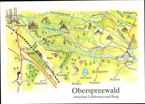 Landkarten Ak Lübbenau im Spreewald, Boblitz, Kahnsdorf, Burg, Naundorf