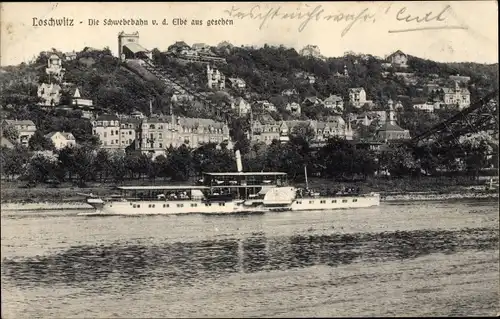 Ak Dresden Nordost Loschwitz, Panorama auf den Berg mit Schwebebahn, Blick von der Elbe aus, Dampfer