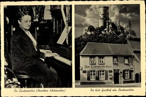 Ak Bonn, Gasthof zur Lindenwirtin, Wirtin am Klavier, Blick auf Gasthof und  Burg