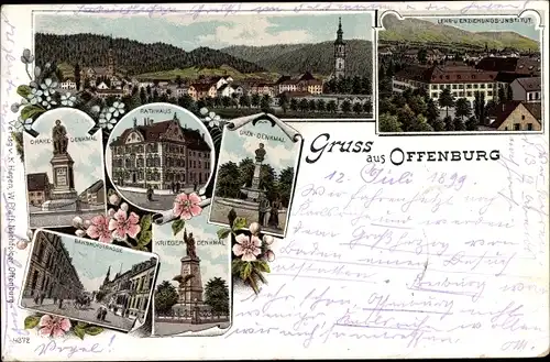 Litho Offenburg in Baden Schwarzwald, Oken Denkmal, Drake Denkmal, Rathaus, Bahnhofstraße