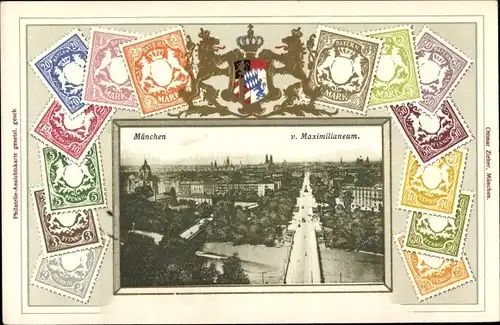 Präge Wappen Briefmarken Passepartout Ak München, Panorama vom Maximilianeum