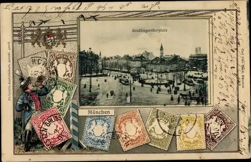 Präge Briefmarken Passepartout Ak München, Sendlingertorplatz