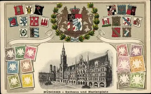 Präge Wappen Briefmarken Passepartout Ak München, Rathaus, Marienplatz