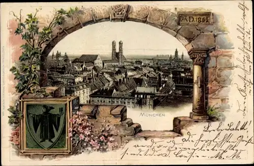 Präge Passepartout Litho München, Panorama, Frauenkirche, Wappen, Münchner Kindl