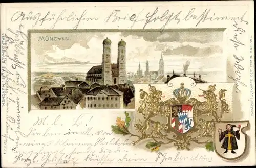 Präge Wappen Passepartout Litho München, Panorama, Frauenkirche