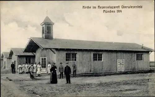 Ak Oberwiesenfeld München Bayern, Reservelazarett, Kirche, 1914