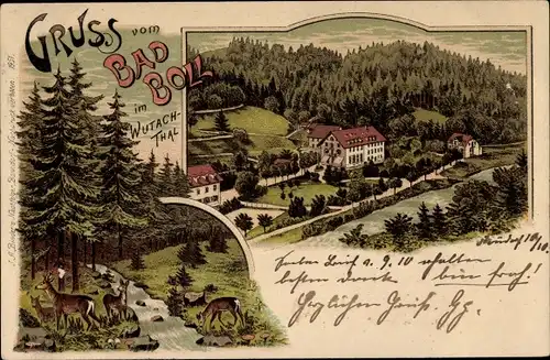 Litho Bad Boll in Württemberg, Wutach Tal, Rehe, Blick auf den Ort