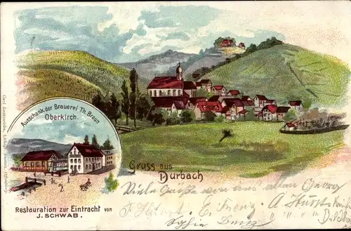 Litho Durbach in Baden, Restauration zur Eintracht, Blick auf den Ort