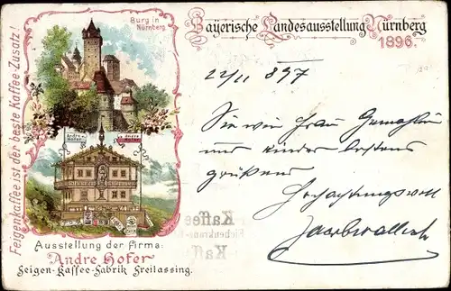 Litho Nürnberg in Mittelfranken Bayern, Bayerische Landesausstellung 1896, Andre Hofer, Feigenkaffee
